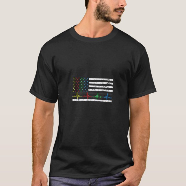 Autism Heartbeat American Flag Ribbon Colours Awar T-Shirt (Front)