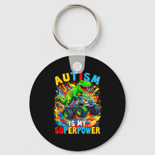 Autism Is My Superpower Dino Truck Autism Awarenes Keychain