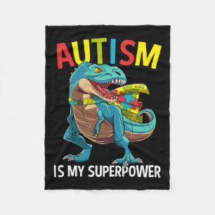 Autism Is My Superpower Dinosaur Puzzle Piece  Fleece Blanket