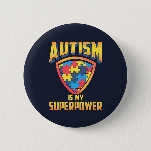 Autism Is My Superpower Gold Red Blue Puzzle 2 Inch Round Button (Front)