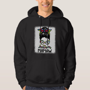 Autism Mamaw Messy Bun Bleached Autism Awareness Hoodie