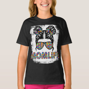 Autism Mom Life Messy Bun Sunglasses Bandana Mothe T-Shirt