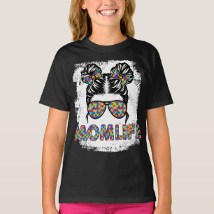 Autism Mom Life Messy Bun Sunglasses Bandana Mothe T-Shirt