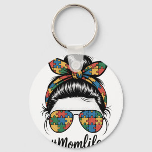 Autism Mom Life Puzzle Messy Bun Autism Awareness  Keychain