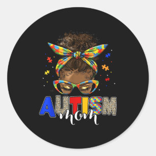 Autism mom messy bun black women autism awareness classic round sticker