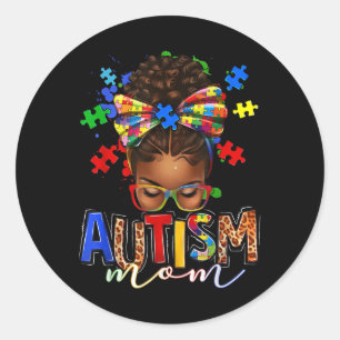 Autism Mom Messy Bun Black Women Autism Awareness Classic Round Sticker