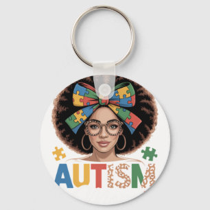 Autism Mom Messy Bun Black Women Autism Awareness  Keychain