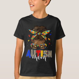 Autism mom messy bun black women autism awareness T-Shirt