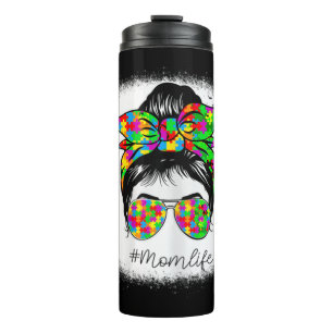 Autism Mom Messy Bun Bleached For Autism Awareness Thermal Tumbler