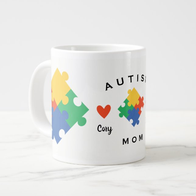 Autism Mom Personalized with Two Childs Name Large Coffee Mug (Front Left)