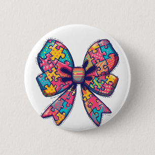 Autism Mom Puzzle Piece Coquette Bow Ribbon Autism 2 Inch Round Button