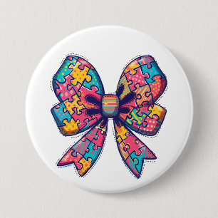 Autism Mom Puzzle Piece Coquette Bow Ribbon Autism 3 Inch Round Button