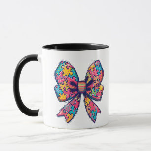 Autism Mom Puzzle Piece Coquette Bow Ribbon Autism Mug