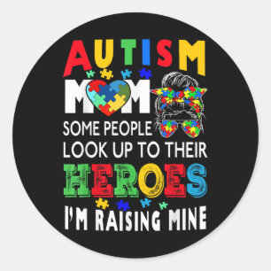 Autism Mom Raising Hero Groovy Messy Bun Autism Aw Classic Round Sticker