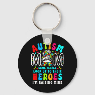 Autism Mom Raising Hero Groovy Messy Bun Autism Aw Keychain