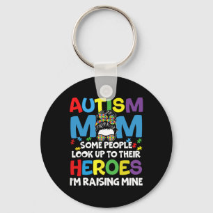 Autism Mom Raising Hero Groovy Messy Bun Autism Aw Keychain