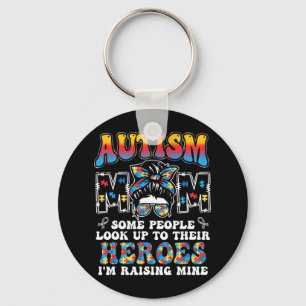Autism Mom Raising Hero Groovy Messy Bun Autism Aw Keychain