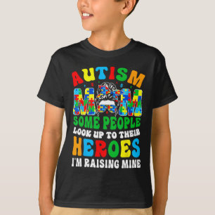 Autism Mom Raising Hero Groovy Messy Bun Autism Aw T-Shirt