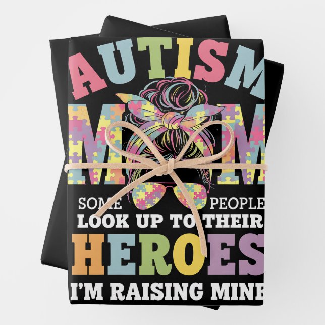 Autism Mom Raising Hero Messy Bun Autistic Wrapping Paper Sheet (In situ)