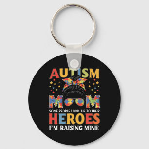 Autism Mom Raising Hero Messy Bun Groovy Autism Aw Keychain