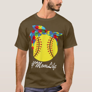 Autism Mom Softball Messy Bun Autism Awareness T-Shirt