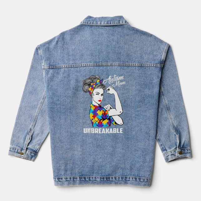 Autism Mom Unbreakable  Autism Awareness 12  Denim Jacket (Back)