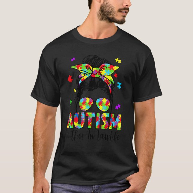 Autism Mother In Law Messy Bun Puzzle Sunglasses M T-Shirt (Front)