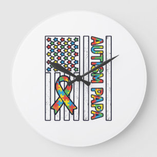 Autism Papa Flag Ribbon Puzzle Piece Shirt Design_ Large Clock