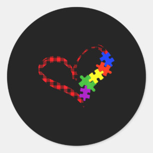 Autism Puzzle Buffalo Plaid Love Christmas Graphic Classic Round Sticker