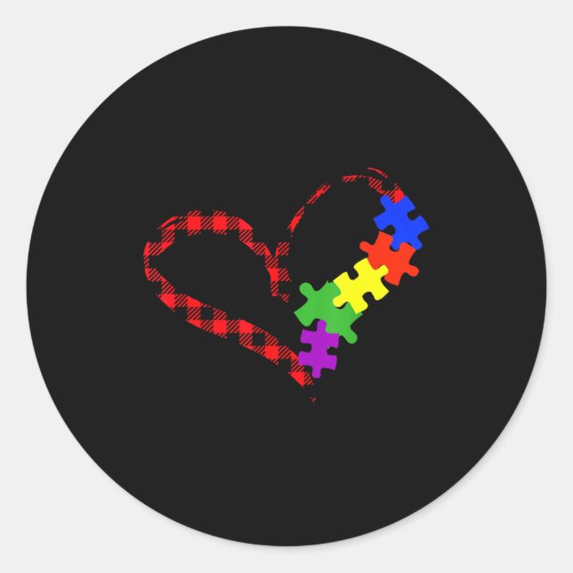 Autism Puzzle Buffalo Plaid Love Christmas Graphic Classic Round Sticker (Front)