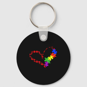 Autism Puzzle Buffalo Plaid Love Christmas Graphic Keychain