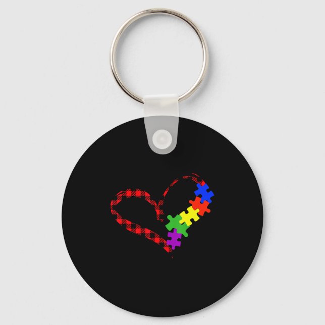 Autism Puzzle Buffalo Plaid Love Christmas Graphic Keychain (Front)