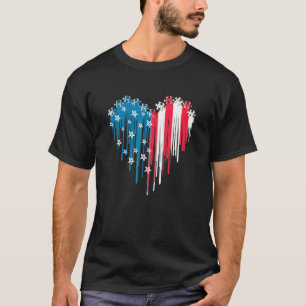 Autism Puzzle Heart American Flag Veteran Independ T-Shirt