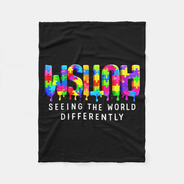 Autism puzzle paint drip seeing differently  fleece blanket (Front)
