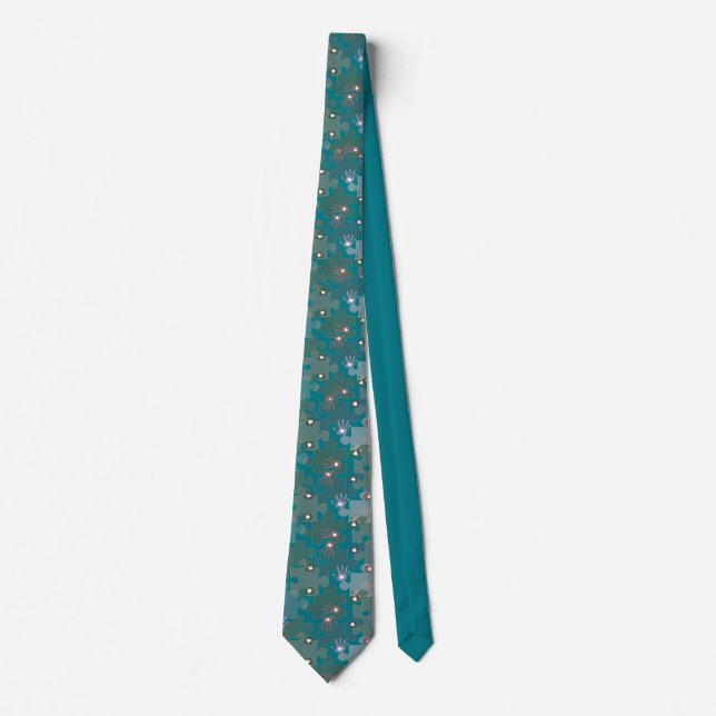 Autism Puzzle Pieces and Hands Teal Blue Tie (Front)