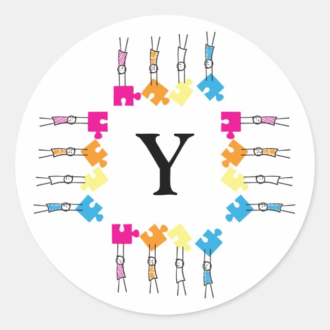 Autism Puzzle Pieces Stick Kids Drawing Initial Classic Round Sticker (Front)