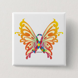 Autism Ribbon Butterfly 2 Inch Square Button