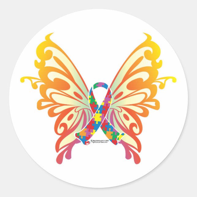 Autism Ribbon Butterfly Classic Round Sticker (Front)