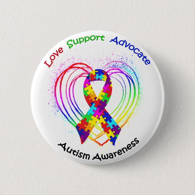 Autism Ribbon on Heart: 2 Inch Round Button (Front)