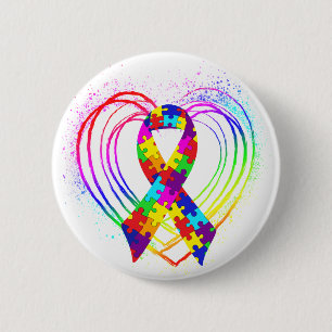 Autism Ribbon on Heart: 2 Inch Round Button