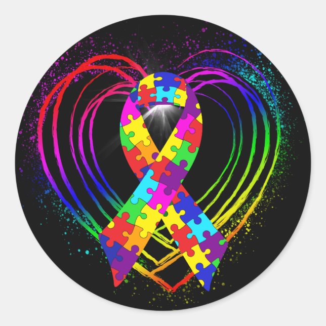 Autism Ribbon on Heart: Classic Round Sticker (Front)