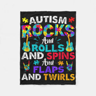 Autism Rocks Rolls Spins Flaps Awareness Kids Wome Fleece Blanket
