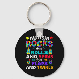 Autism Rocks Rolls Spins Flaps Awareness Kids Wome Keychain