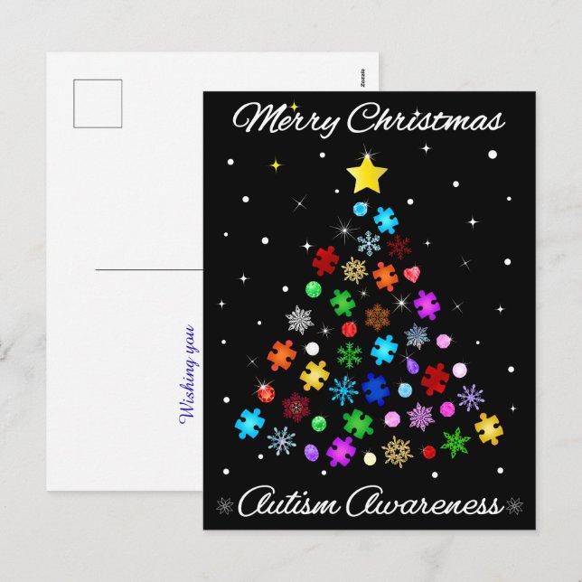 Autism Snowflake Christmas Tree Holiday Postcard (Front/Back)