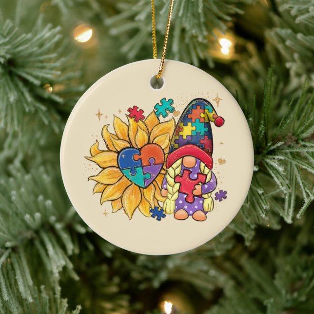 Autism Sunflower Gnome Ceramic Ornament (Tree)