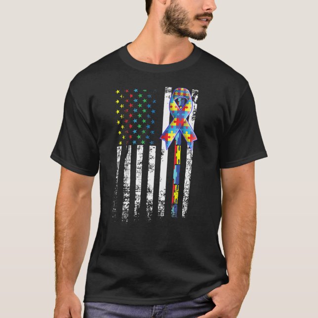 Autistic Awareness American Flag Distressed Tee Gi (Front)