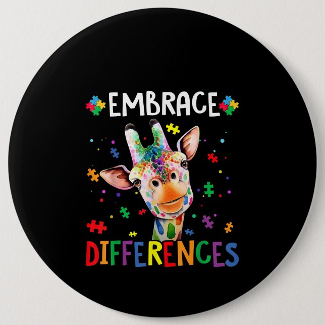 Autistic |Embrace Differences Giraffe Puzzle Piece 6 Inch Round Button (Front)