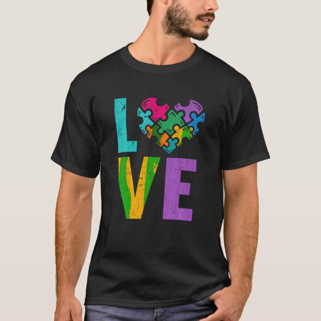 Autistic Kids Puzzle Pieces Heart Love Autism Awar T-Shirt (Front)