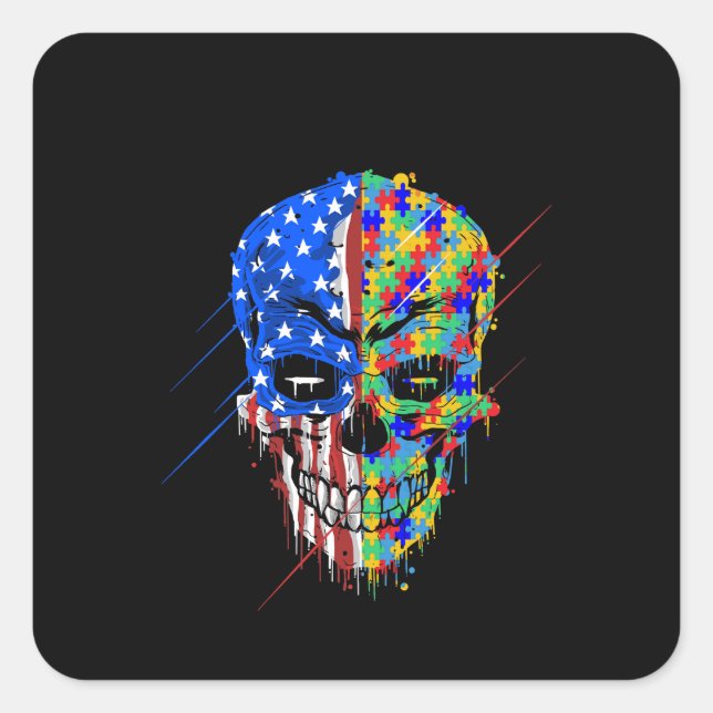 Autistic | Spooky Skull American Support Autism Square Sticker (Front)