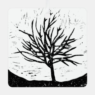 Autmnal Tree Lino Print Metal Ornament